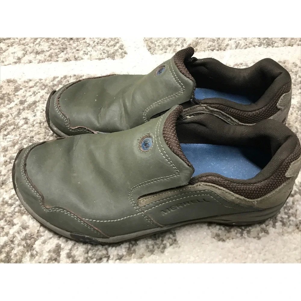 Merrell Boulder Ventilator Greenish Leather Mesh Slip-On Shoes Size 7 Men's
